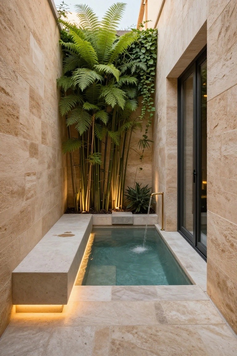Narrow walled courtyard with beige stone walls and floor, small turquoise rectangular plunge pool with waterfall faucet, adjacent concrete bench, tall ferns and bamboo plants, and black-framed glass door.