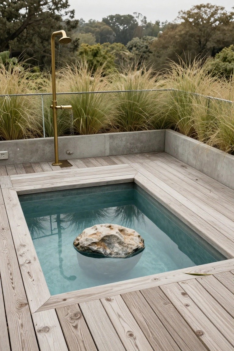 Small turquoise plunge pool with a large irregular rock in the center, adjacent to a tall brass wall-mounted shower on a wooden deck surrounded by tall ornamental grasses, concrete walls, and distant trees.