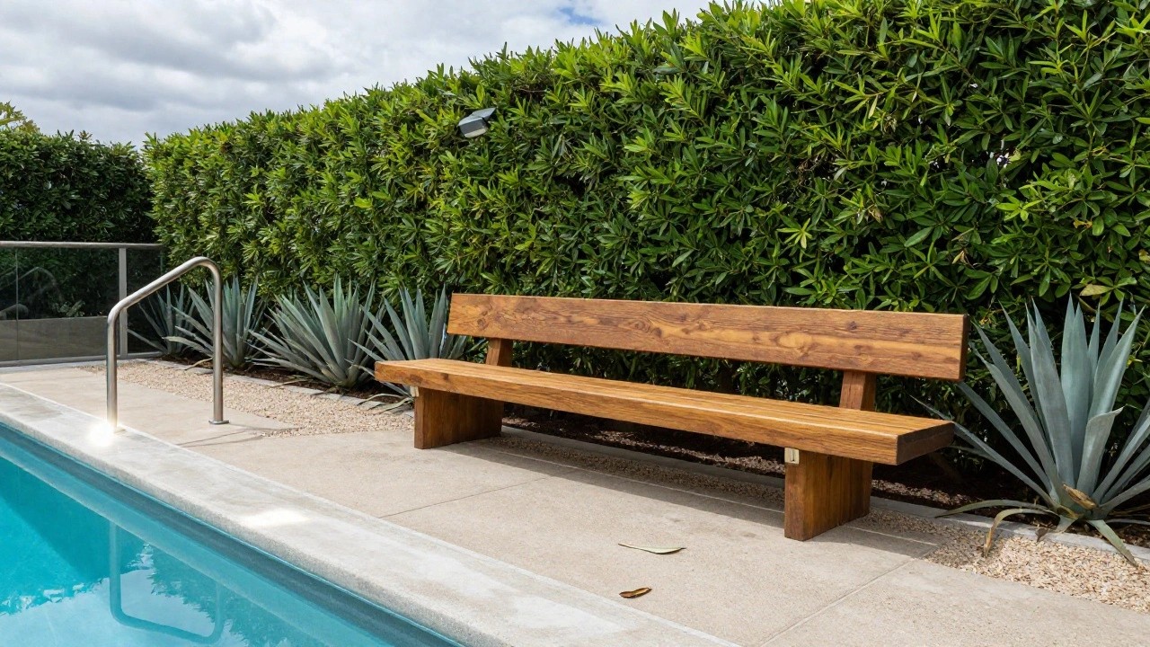 Narrow concrete pathway between tall green hedges leading to a pool, lined with blue agave plants along one side, with glass railing and wooden bench on a concrete platform.