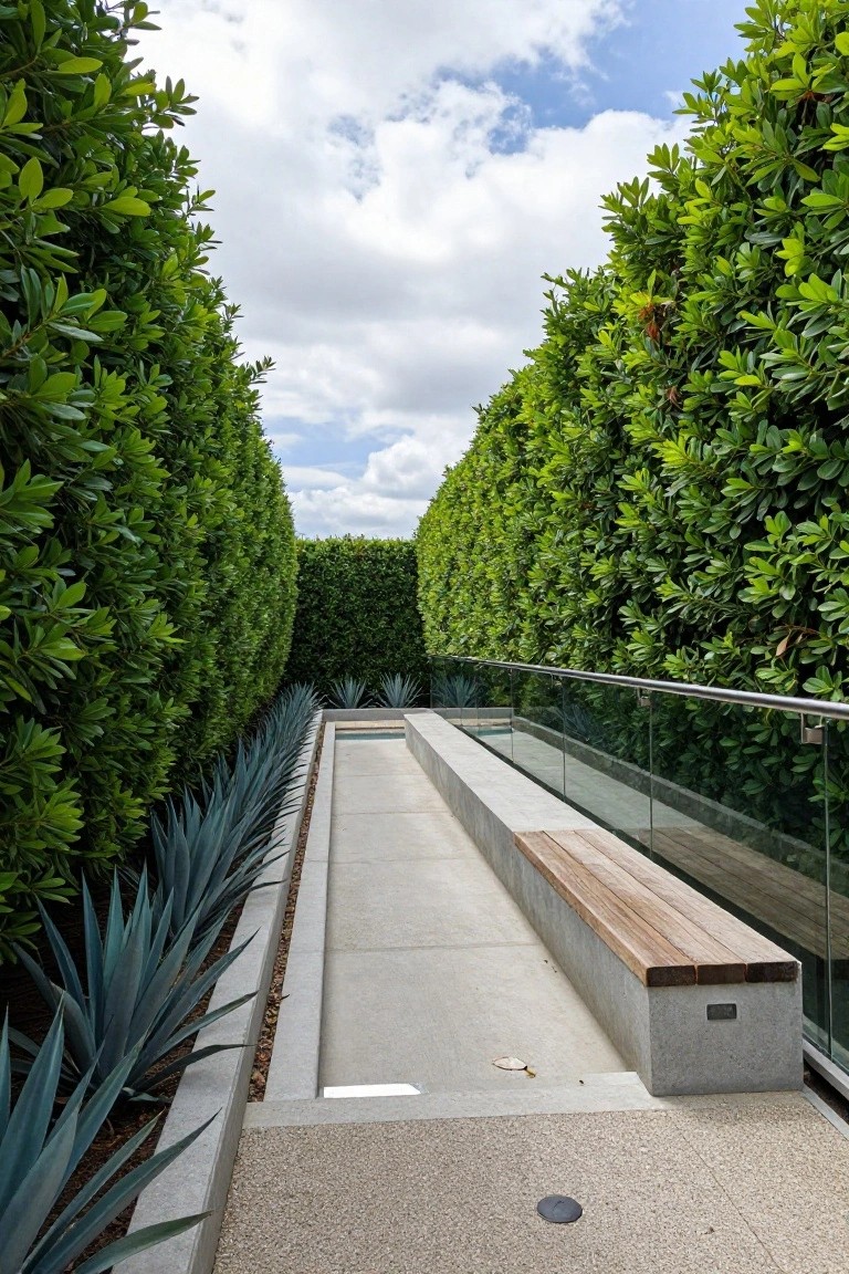 Narrow concrete pathway between tall green hedges leading to a pool, lined with blue agave plants along one side, with glass railing and wooden bench on a concrete platform.