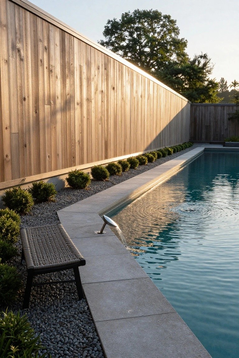Swimming pool with turquoise water and underwater light, edged by gray stone decking, low boxwood shrubs in gravel beds along the side, a woven bench nearby, and tall wooden fence in the background.