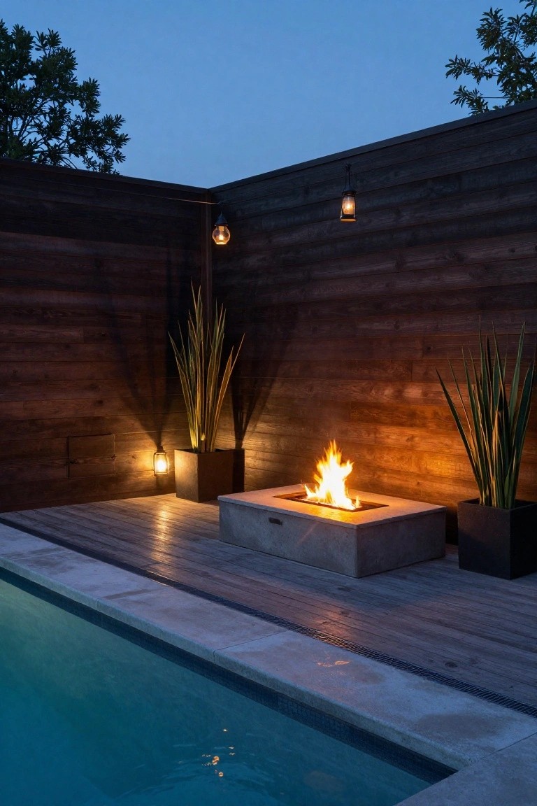 Twilight patio with fire pit, potted plants, and pool beside wooden wall.