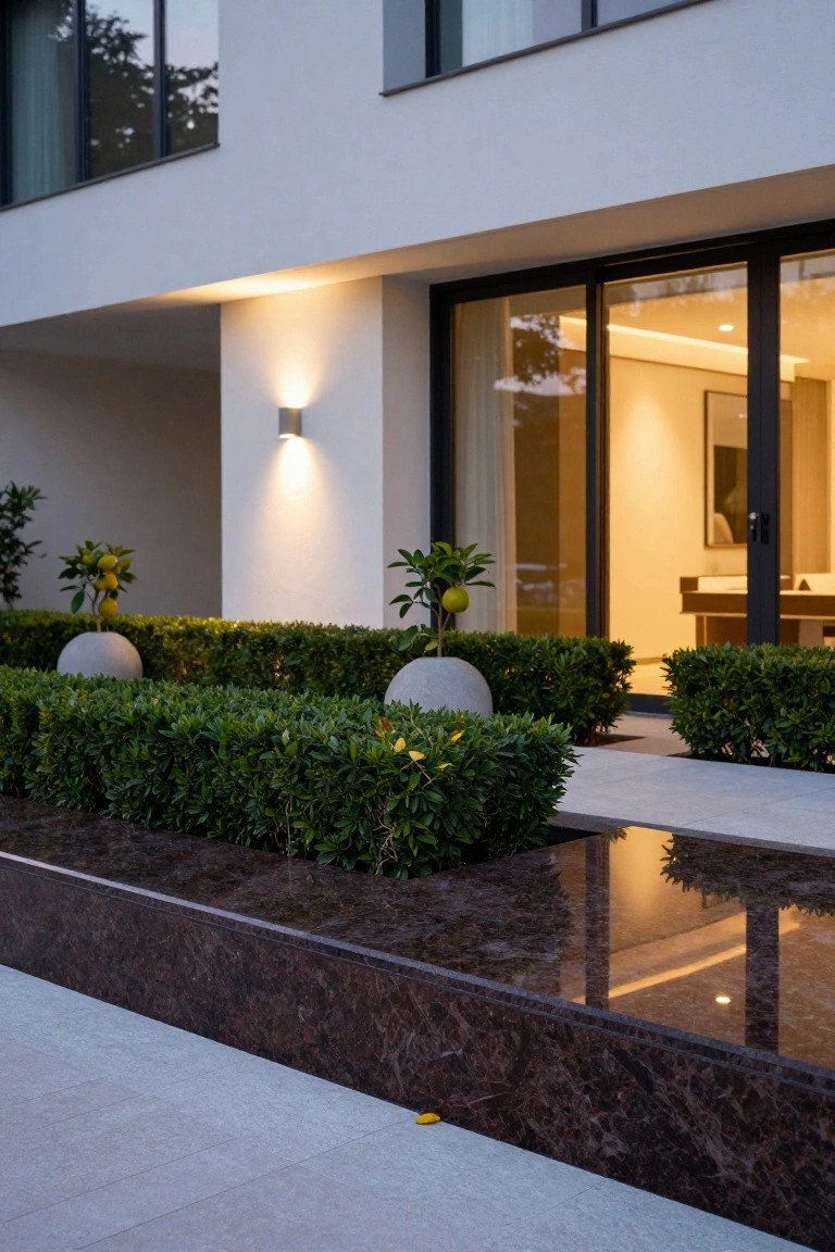 Modern house entrance with white walls, open sliding glass doors, boxwood hedges in raised beds edged by a narrow reflective water feature with brown marble surround, spherical gray pots with citrus trees, and a light stone path at dusk.