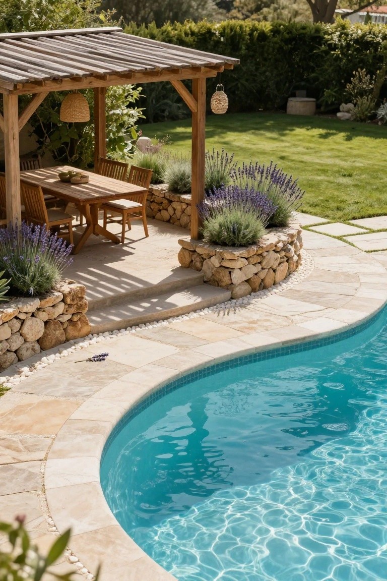 Wooden pergola with slatted roof shading a rectangular teak dining table and chairs on a travertine patio next to a curved turquoise pool edged with pebble stones and low stone walls planted with lavender.