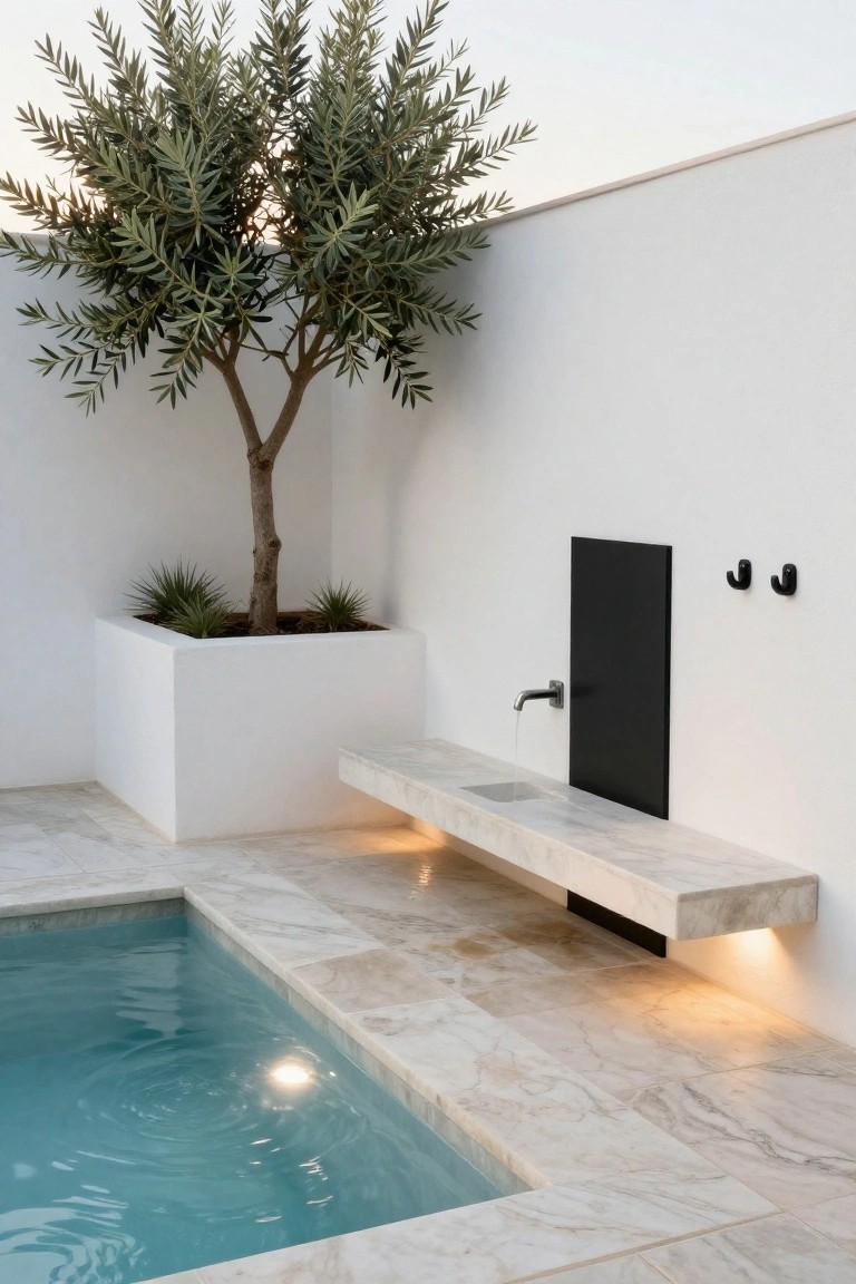 Modern marble poolside with olive tree, floating sink, and black fixtures.