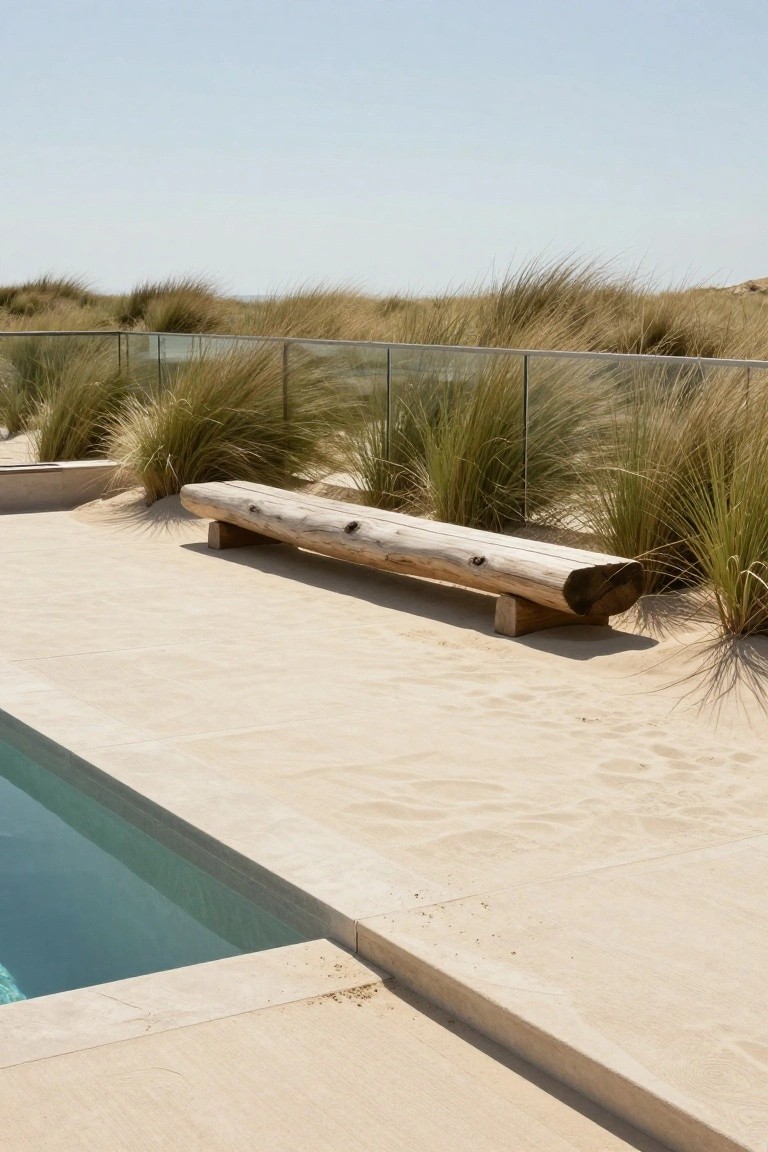 A long natural wood log bench on concrete blocks sits beside a rectangular swimming pool on a beige sand-textured deck, with dune grasses, a glass fence, and distant sand dunes in the background.