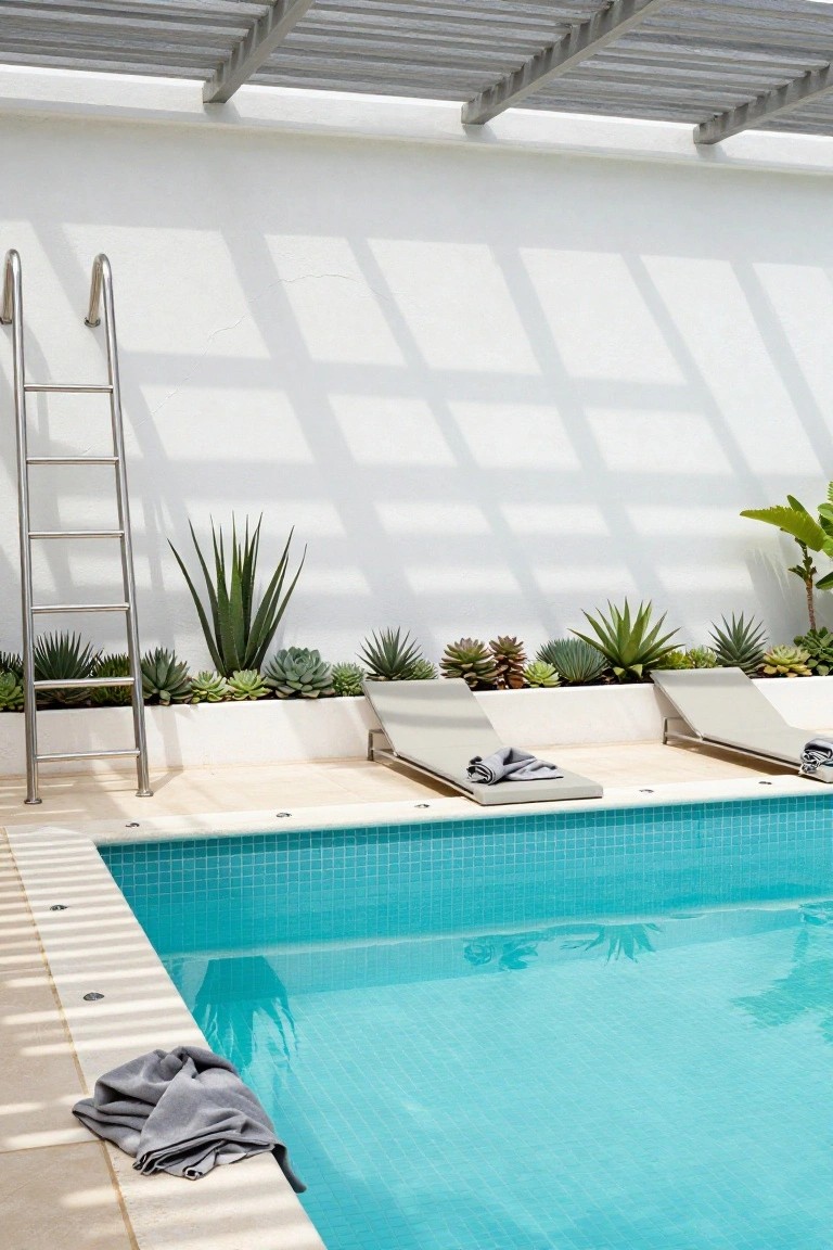 Turquoise pool with stainless steel ladder and two empty gray lounge chairs on beige decking next to a white trough filled with succulents and agaves against a plain white wall under a wooden pergola.