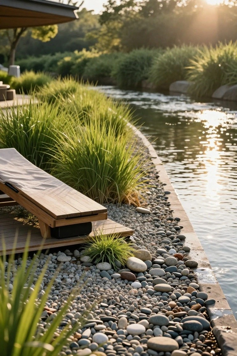 Wooden lounge chair positioned on a deck next to a narrow water channel edged with gray and white river rocks and clusters of tall green ornamental grasses.