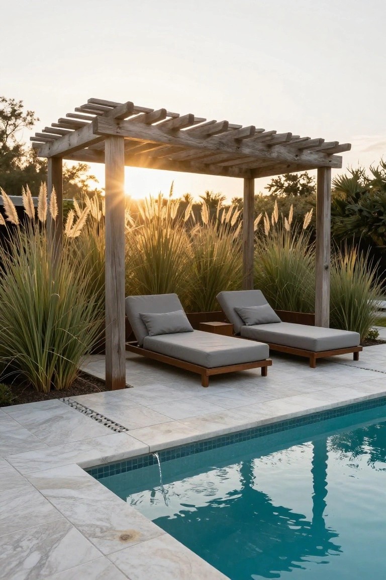 Wooden pergola with open slats shades two gray cushioned lounge chairs on a light stone deck next to a turquoise pool edged in tile, surrounded by tall ornamental grasses at sunset.