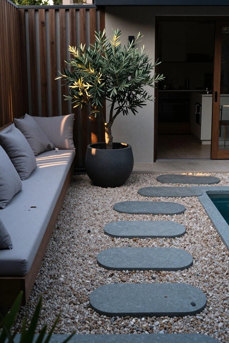 Poolside yard with white gravel ground and oval grey concrete stepping stones leading to the pool edge, wooden slat fence with cushioned bench, large black potted olive tree, and open glass doors revealing house kitchen.