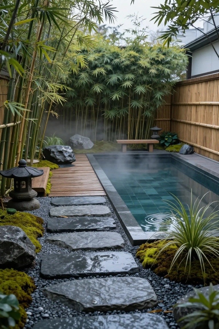 Small rectangular green-tiled pool with rising steam, bordered by wooden deck path and stepping stones, enclosed by bamboo fencing with rocks, moss, lanterns, and plants.