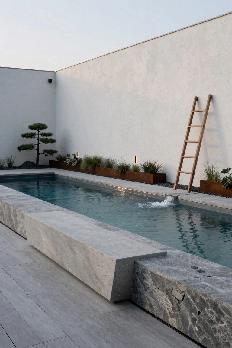 Narrow rectangular pool with wide gray stone bench edge on one side, wooden ladder leaning against white wall, metal planters with grasses, and bonsai tree in corner.