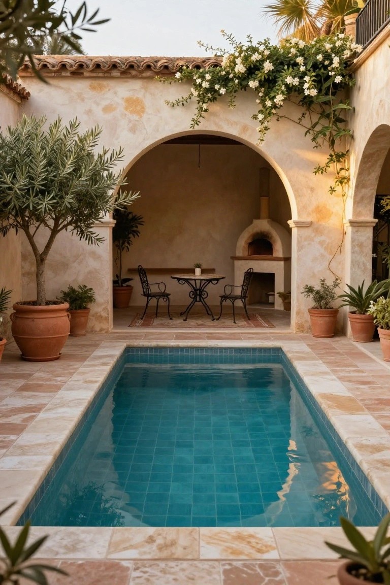 Mediterranean courtyard with rectangular pool, archway, potted plants, and outdoor seating.