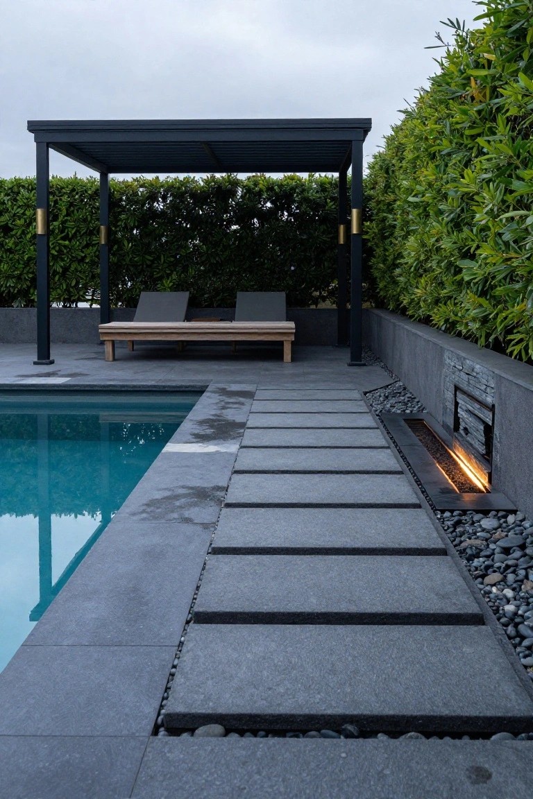 Dark grey rectangular stone slabs form a pathway along the edge of a turquoise pool, with a linear fire feature in a concrete wall, pebbles nearby, wooden loungers under a black metal pergola, and bamboo hedge in the background.