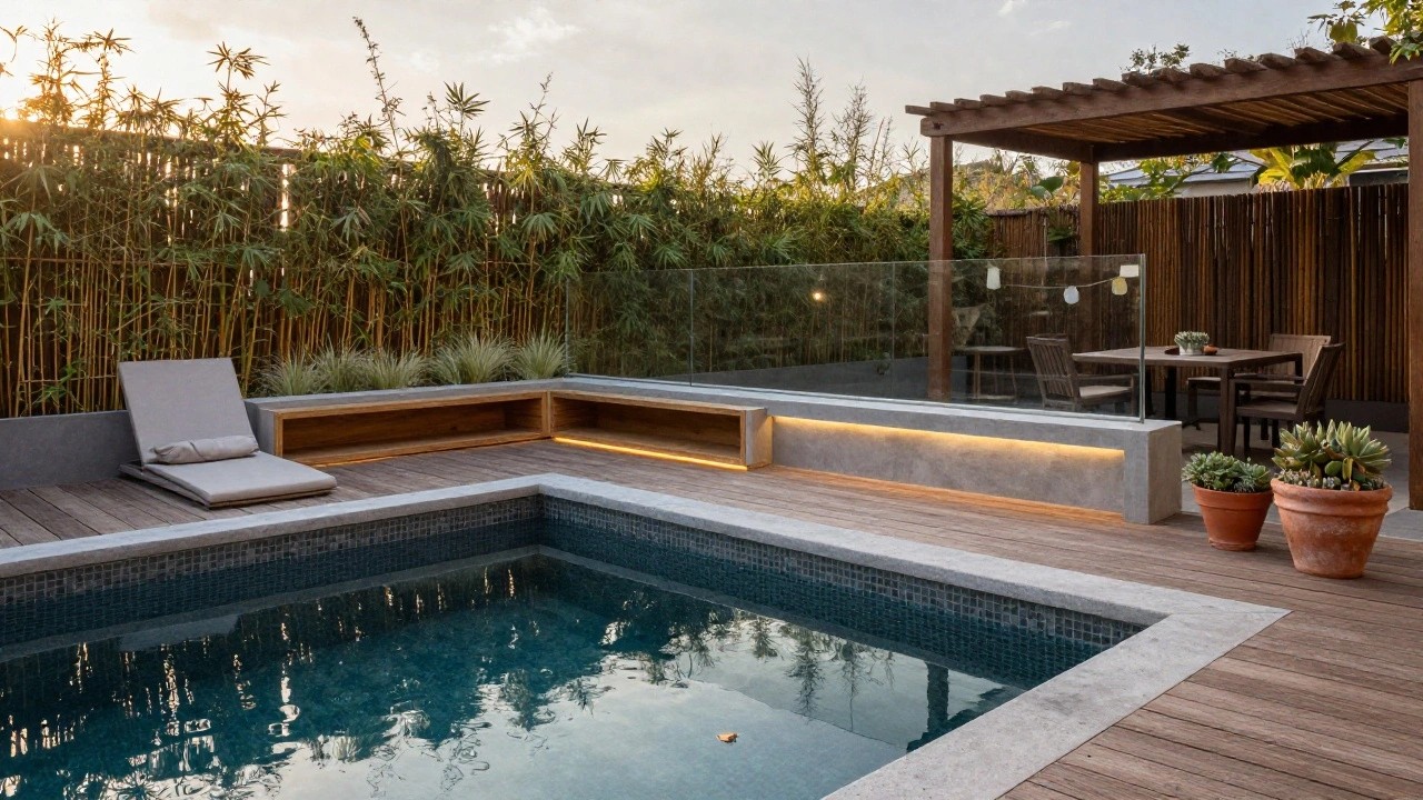 Wooden deck with cushioned loungers and ottoman beside a turquoise mosaic-tiled pool, concrete planter box of grasses along the pool edge, pergola-covered dining table nearby, and tall bamboo screening against a modern house wall.