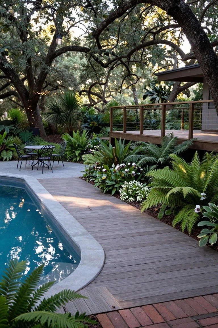 Curved turquoise pool with gray stone coping and adjacent wooden deck path bordered by ferns, hostas, and tropical plants, bistro table on pavers nearby, elevated wooden deck with cable railing leading to house amid oak trees.