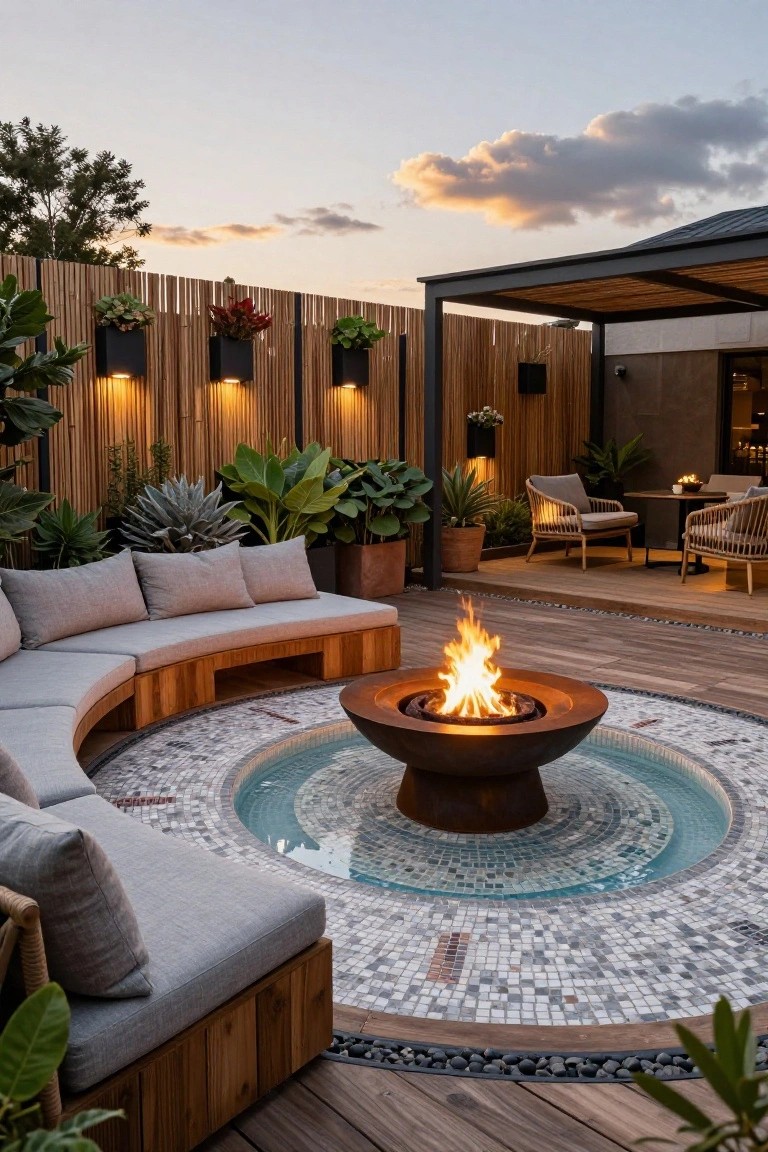 Outdoor wooden deck with curved cushioned bench seating encircling a shallow mosaic-tiled pool containing a central burning fire bowl, surrounded by potted tropical plants, bamboo fencing, and a pergola at dusk.