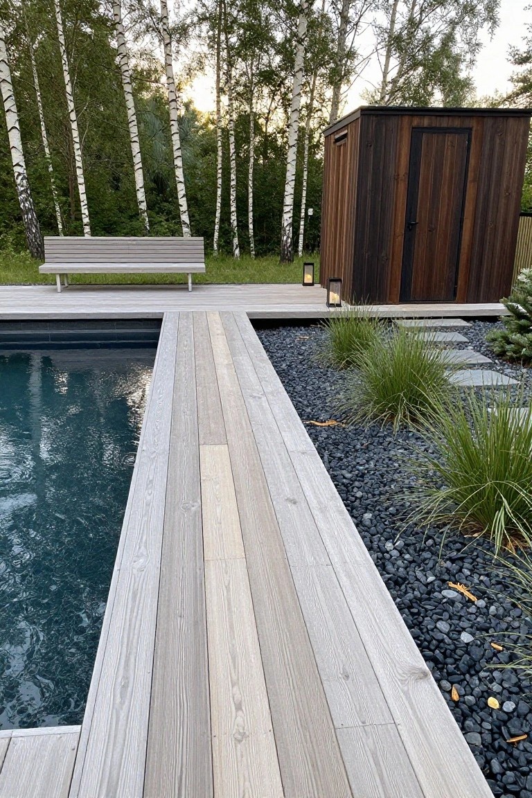 Light gray wood plank deck extending to the edge of a rectangular blue pool, bordered by black gravel mulch and clumps of ornamental grasses, with a small wooden shed, bench, and birch trees in the background.