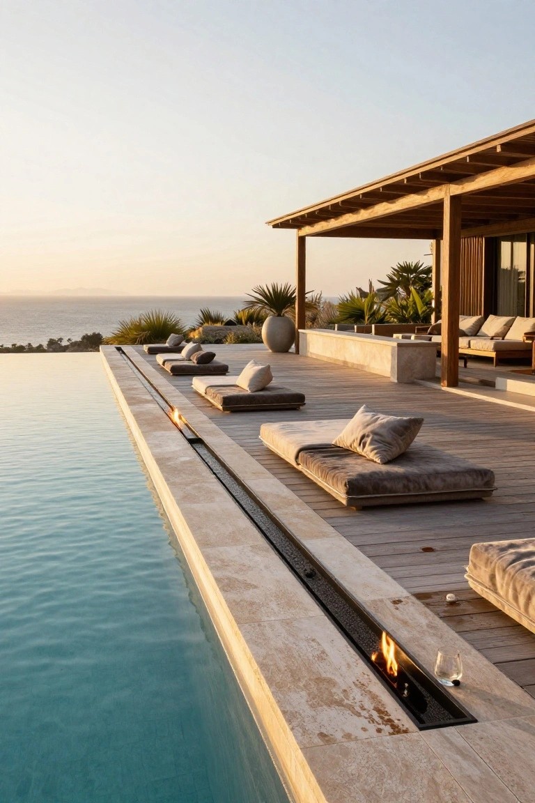 Infinity edge pool on a wooden deck with a long linear fire pit embedded in the stone pool coping, surrounded by cushioned loungers and potted plants, overlooking the ocean at sunset.