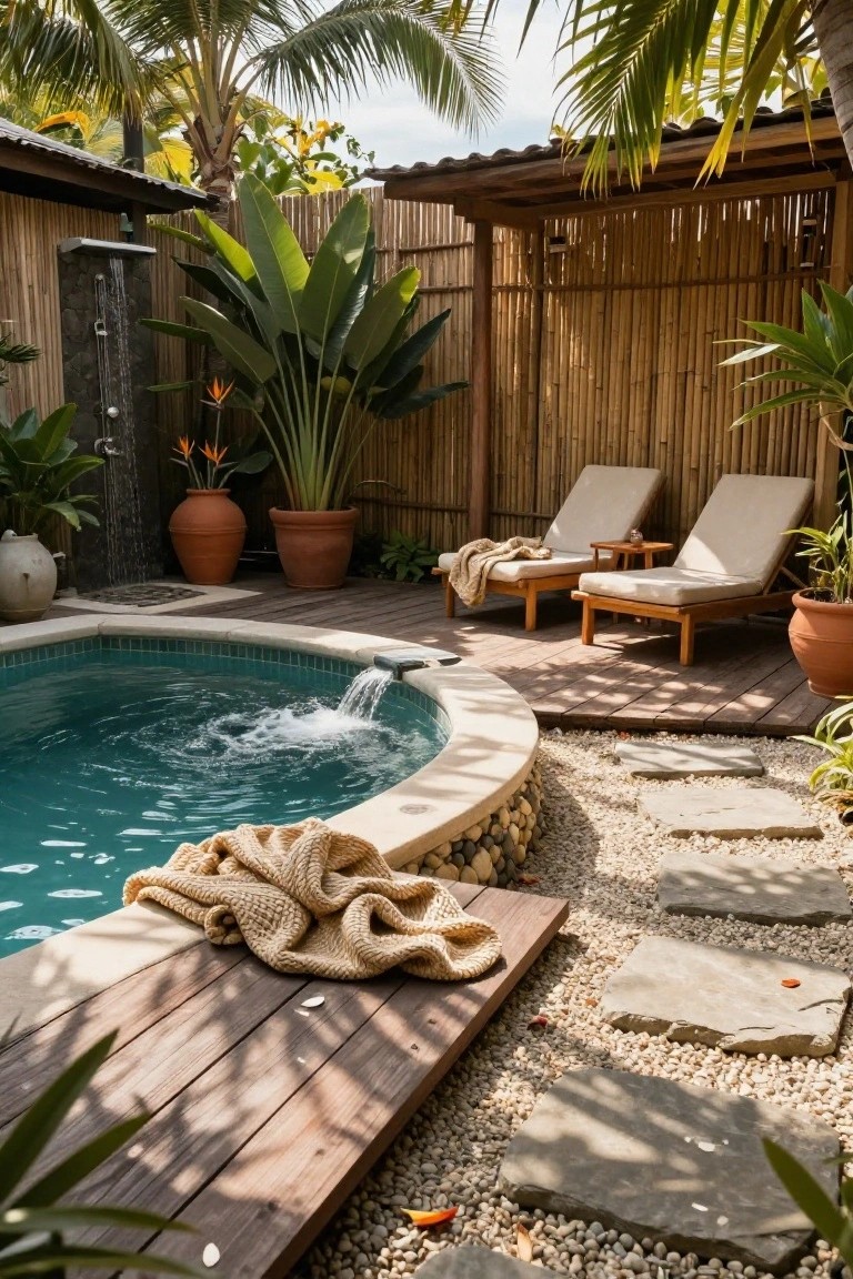 Wooden deck surrounding a small turquoise plunge pool with two beige loungers, draped towels, bamboo privacy fencing, tropical plants in pots, outdoor shower, and pebble stone paths.