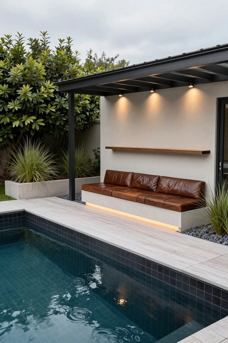 Outdoor pool area featuring a built-in brown leather bench seat on a white base with LED underlighting, under a black metal pergola with wall lights, surrounded by plants, pebbles, wood decking, and a dark-tiled pool.
