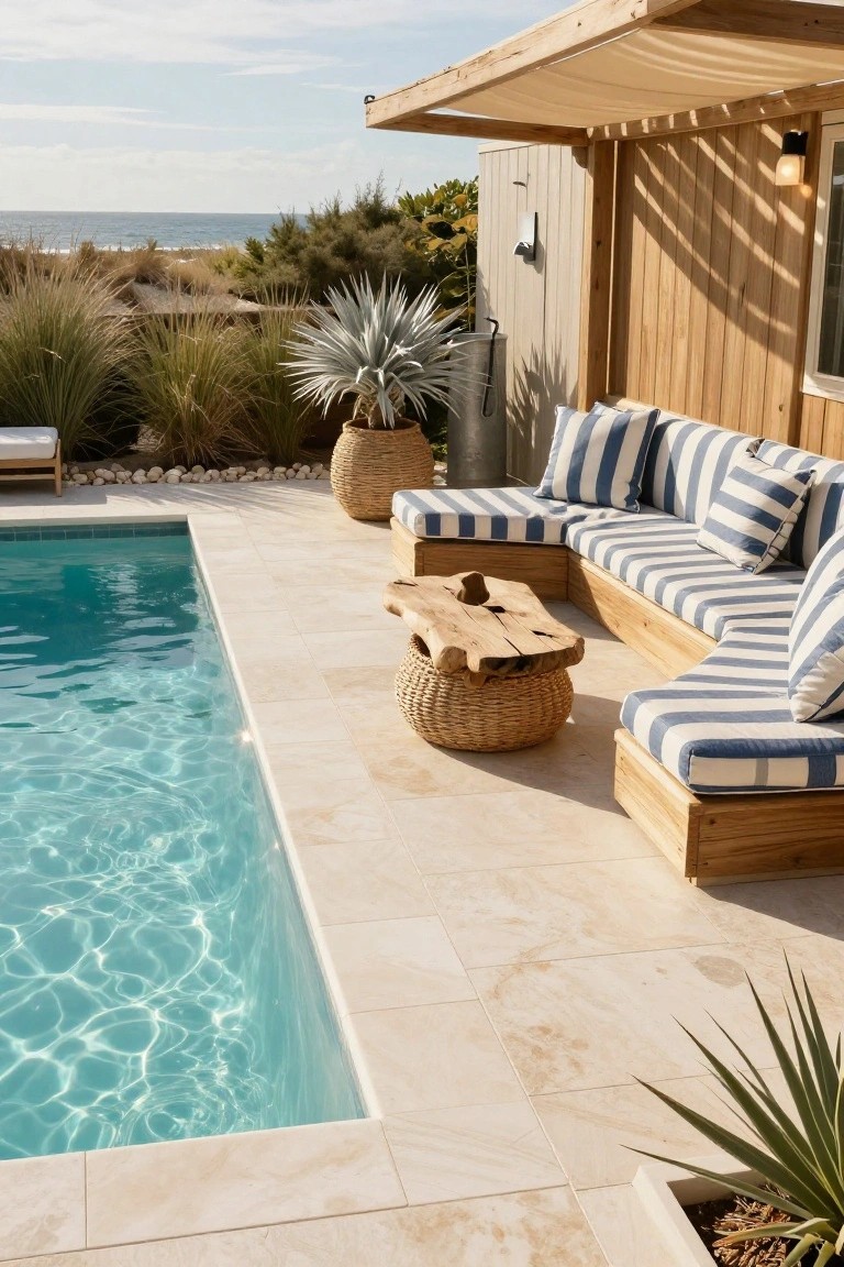 Poolside deck with L-shaped wooden bench seating featuring blue and white striped cushions, a central driftwood table on a woven basket base, turquoise pool water, and surrounding coastal plants like beach grass and agave near the ocean.