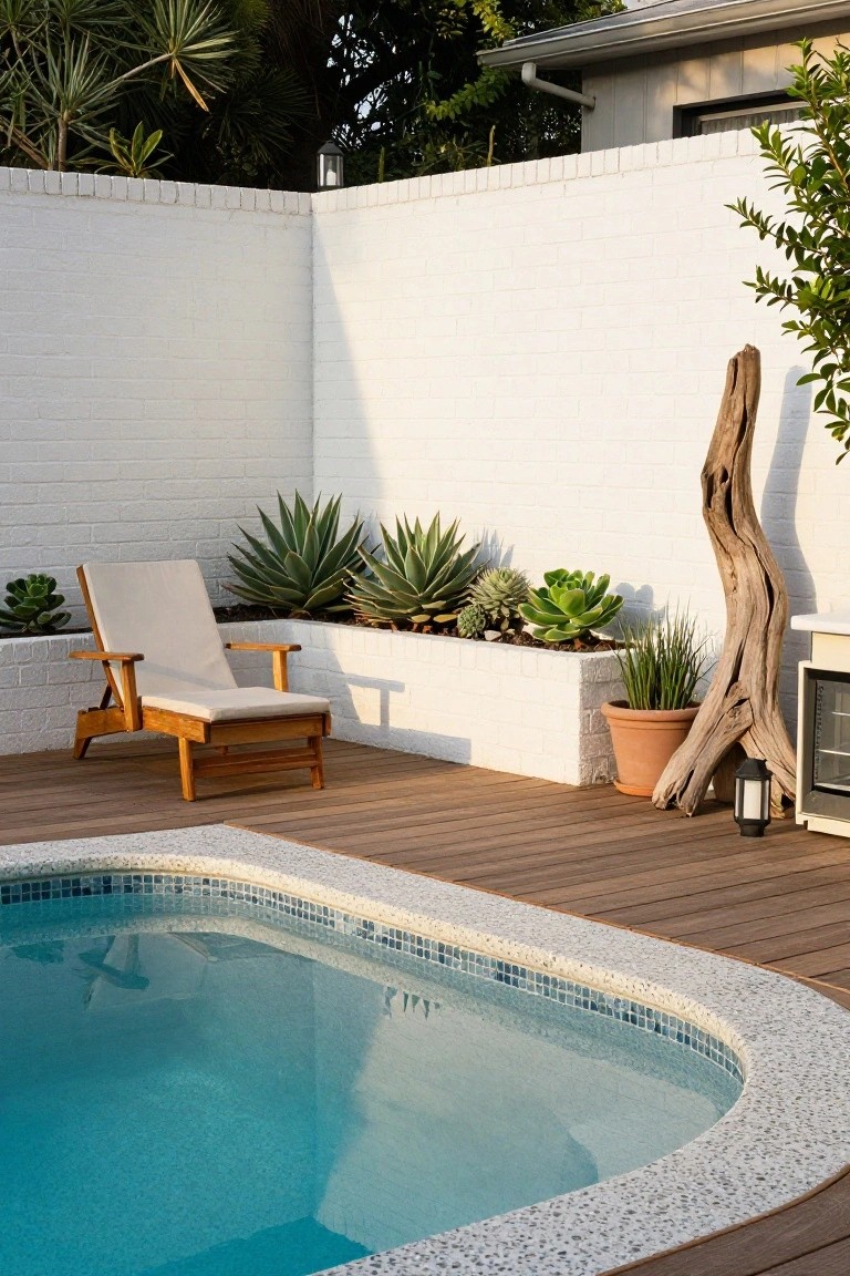 Small turquoise pool with white pebble tile edge and surrounding wooden deck, white brick raised planters filled with succulents, wooden lounge chair, potted plants, and driftwood nearby.