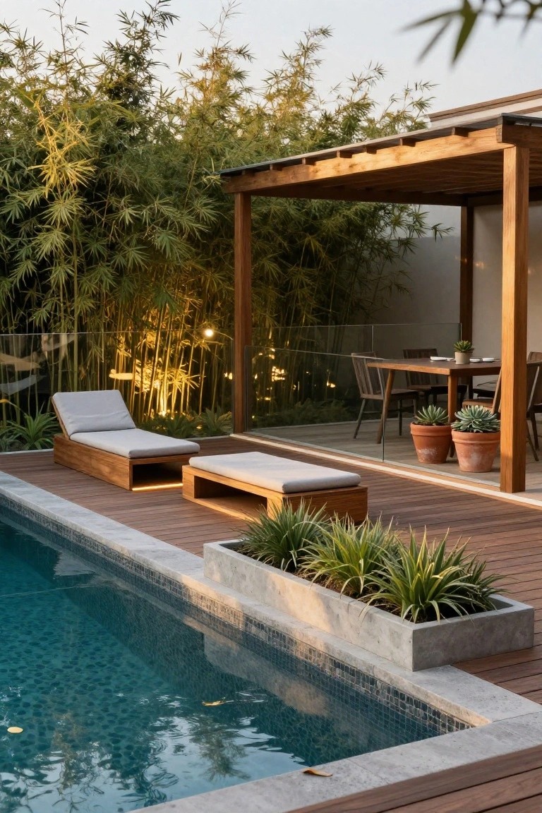 Wooden deck with cushioned loungers and ottoman beside a turquoise mosaic-tiled pool, concrete planter box of grasses along the pool edge, pergola-covered dining table nearby, and tall bamboo screening against a modern house wall.