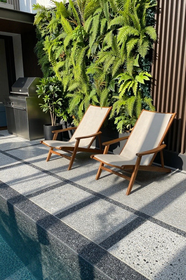 Two beige canvas-covered wooden reclining lounge chairs on a black and white pebble-tiled deck beside a pool edge, with a lush green vertical garden wall, potted plants, and a stainless steel barbecue nearby.