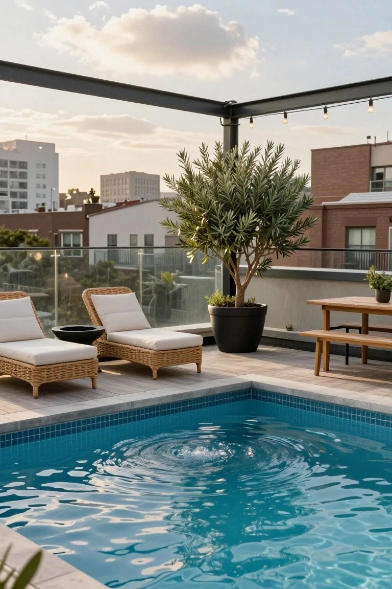 Rooftop terrace with a small rectangular blue-tiled pool, two adjacent woven chaise lounges with white cushions and a side fire pit, wooden table and benches, large potted olive tree, glass railings, and city buildings in the background.