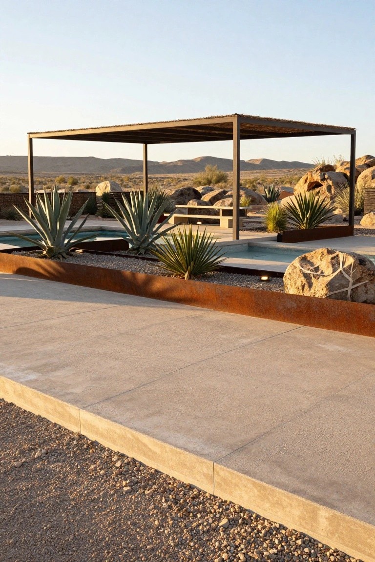 Concrete deck beside a rectangular pool with corten steel-edged planters containing agave plants and gravel, large boulders nearby, a metal pergola sheltering a bench, and desert mountains in the background.