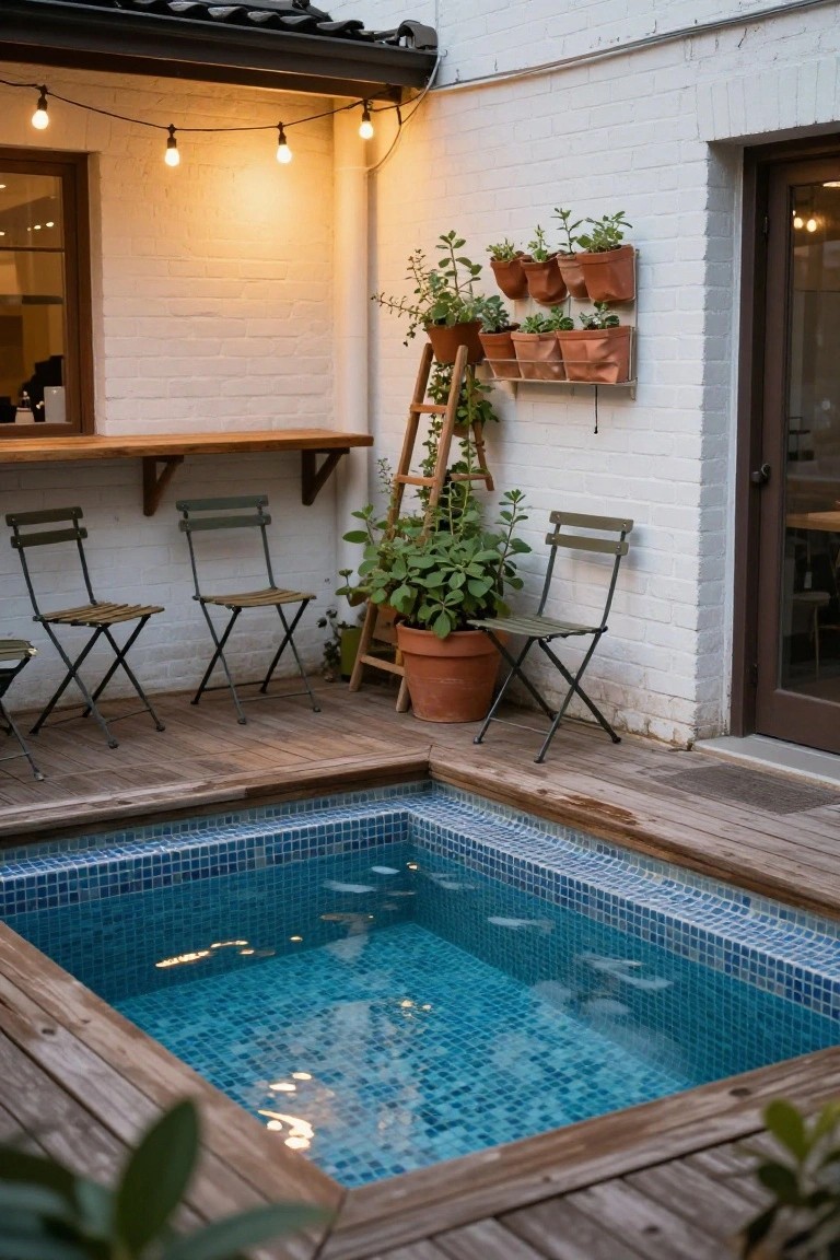 Small rectangular pool with blue mosaic tiles set into a wooden deck platform, flanked by metal bistro chairs, potted plants on a white brick wall, a wooden ladder in the pool, and string lights overhead.