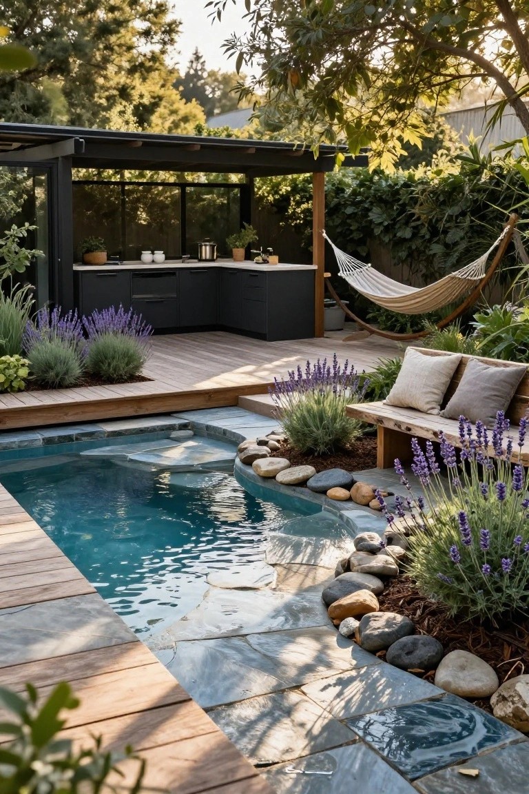 Small turquoise plunge pool surrounded by light wooden decking, featuring a black outdoor kitchen pavilion, hammock, bench with cushions, lavender plants, and rock edging in a sunny backyard.