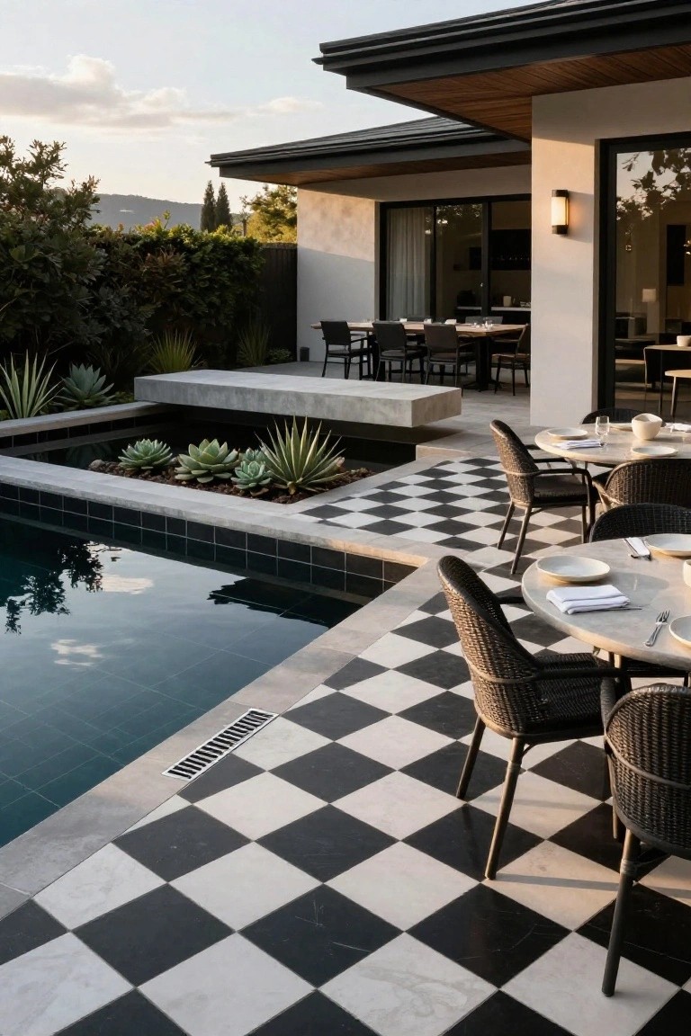 Outdoor pool deck with black and white checkered tiles bordering a rectangular pool, wicker dining tables and chairs set with white dishes, raised planters with agave succulents, and a modern house wall with glass doors in the background.