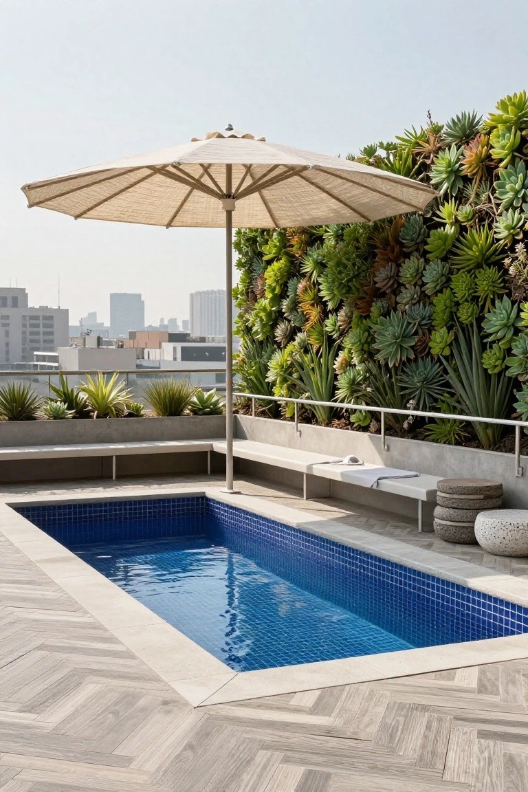 Rooftop terrace with a small rectangular blue mosaic-tiled pool, wood decking, concrete benches, beige umbrella, and vertical succulent garden wall overlooking city buildings.