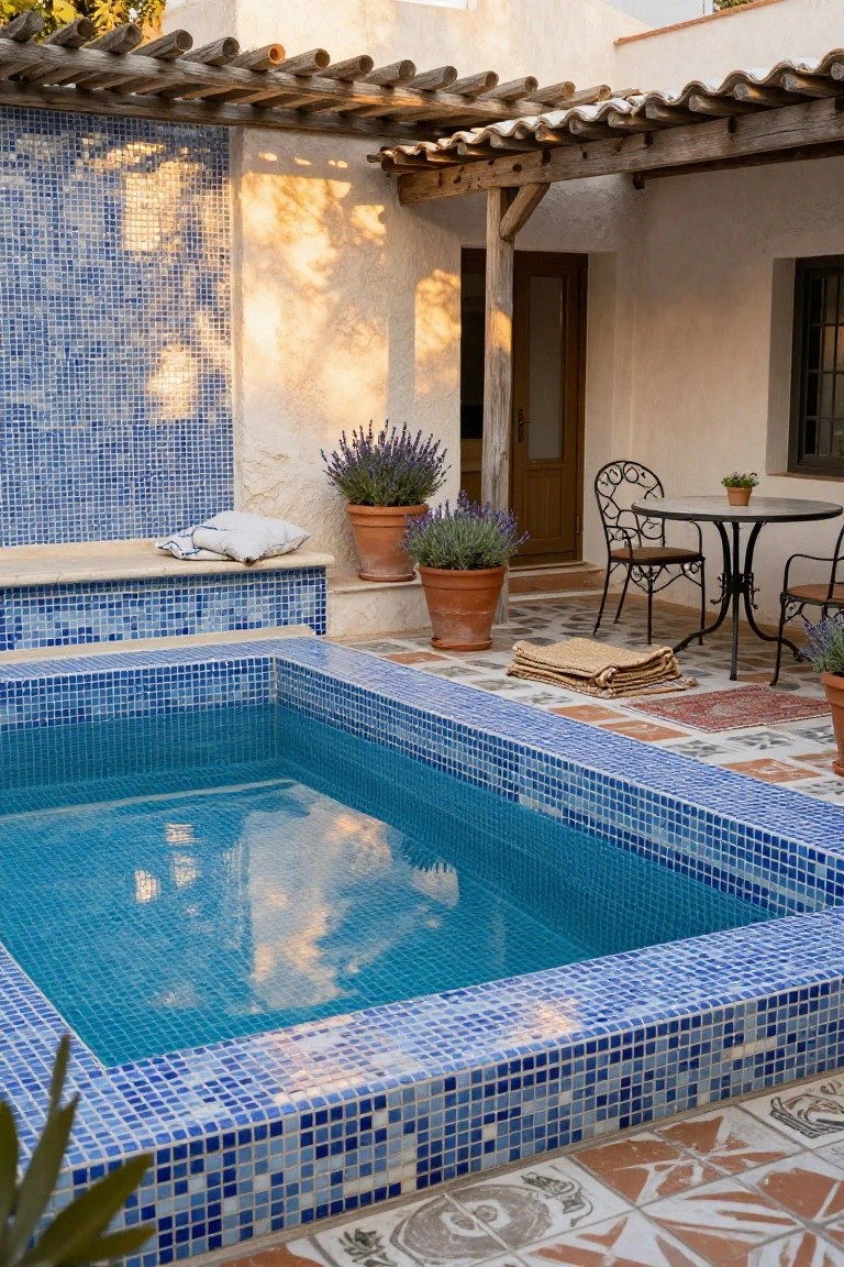 A rectangular in-ground pool lined with blue mosaic tiles, featuring tiled edges and a blue tiled wall backdrop, surrounded by terracotta patio tiles, white stucco architecture, potted lavender plants, woven rugs, and a small bistro table with chairs.