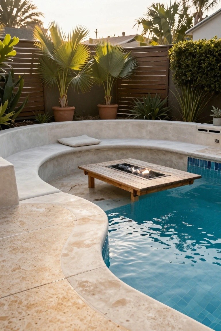 Curved white built-in bench seat surrounds a wooden table with gas fire pit at the edge of a turquoise mosaic-tiled pool, with beige travertine decking, potted palms, and wooden slat fencing nearby.