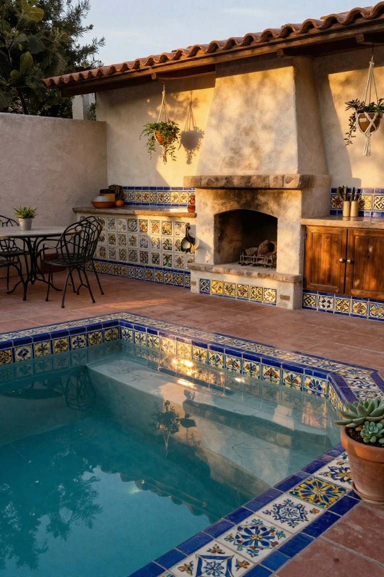 Small turquoise pool with blue and multicolored patterned tile borders, adjacent rustic stone fireplace and counters with matching tiles, black metal chairs at a round table, potted plants, and hanging planters against stucco walls.