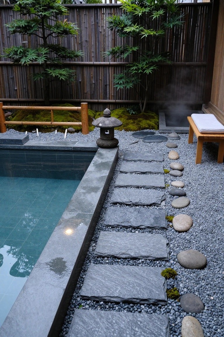 Rectangular turquoise pool with dark slate tiled edges and surround, irregular dark slate stepping stones laid across gray gravel path leading to the pool, moss-covered rocks, stone lantern, bamboo fence, plants, and wooden bench nearby.