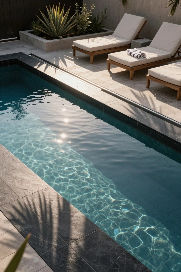 A narrow rectangular pool with dark grey tiled edges and light grey pavers around it, flanked by wooden sun loungers with white cushions and towels, tropical plants, and palm shadows.