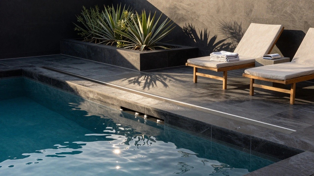 A narrow rectangular pool with dark grey tiled edges and light grey pavers around it, flanked by wooden sun loungers with white cushions and towels, tropical plants, and palm shadows.