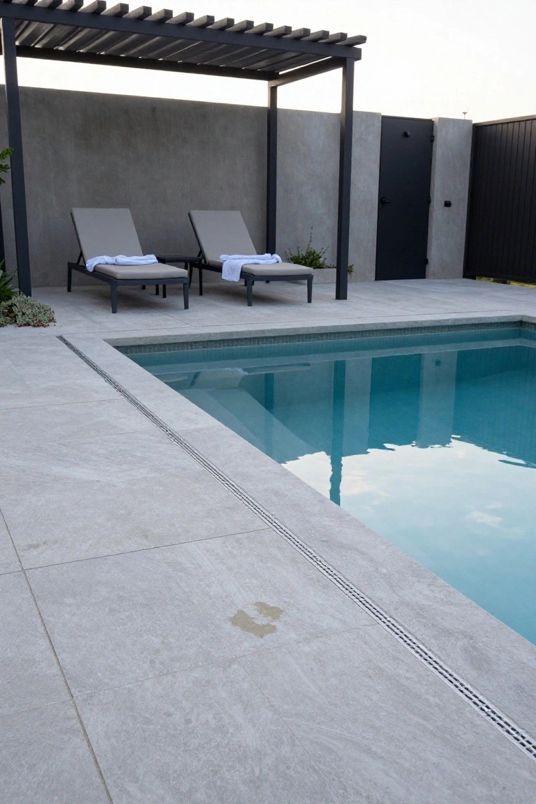 Light grey porcelain tiles surround a turquoise pool with a channel drain at the edge, two grey loungers with white towels under a black metal pergola, concrete walls, and a black gate nearby.