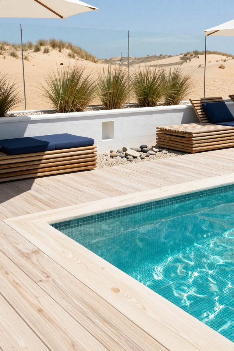 Turquoise mosaic-tiled infinity-edge pool bordered by light wood decking, with wooden loungers nearby and sand dunes visible beyond glass railings.