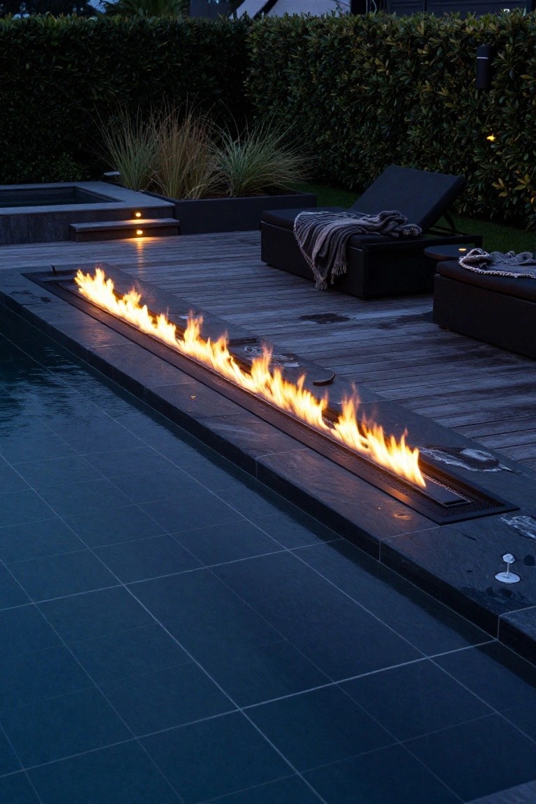 Long linear gas fire burning along the dark stone edge of a rectangular pool, next to wooden decking with lounge chairs and blankets, surrounded by hedges and plants at dusk.