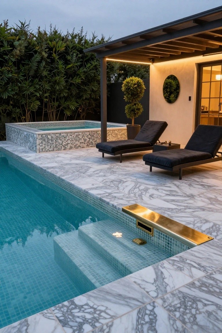 Outdoor pool with turquoise mosaic tiles, adjacent spa, white marble-patterned decking extending from pool edge, two black loungers, gold spa trim, covered structure, potted plants, and greenery in background.
