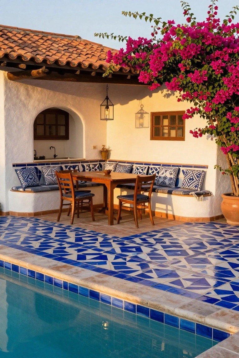 White stucco outdoor seating area with built-in blue tiled bench, wooden table and chairs with blue cushions, adjacent to pool with matching blue tiled edge, bougainvillea vines overhead.