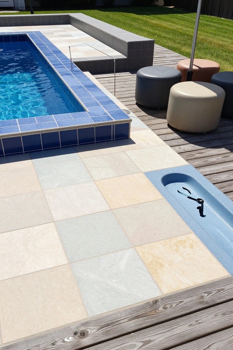 Blue-tiled swimming pool edged with light beige porcelain square tiles on a patio surface next to a wooden deck and several round pouf seats.
