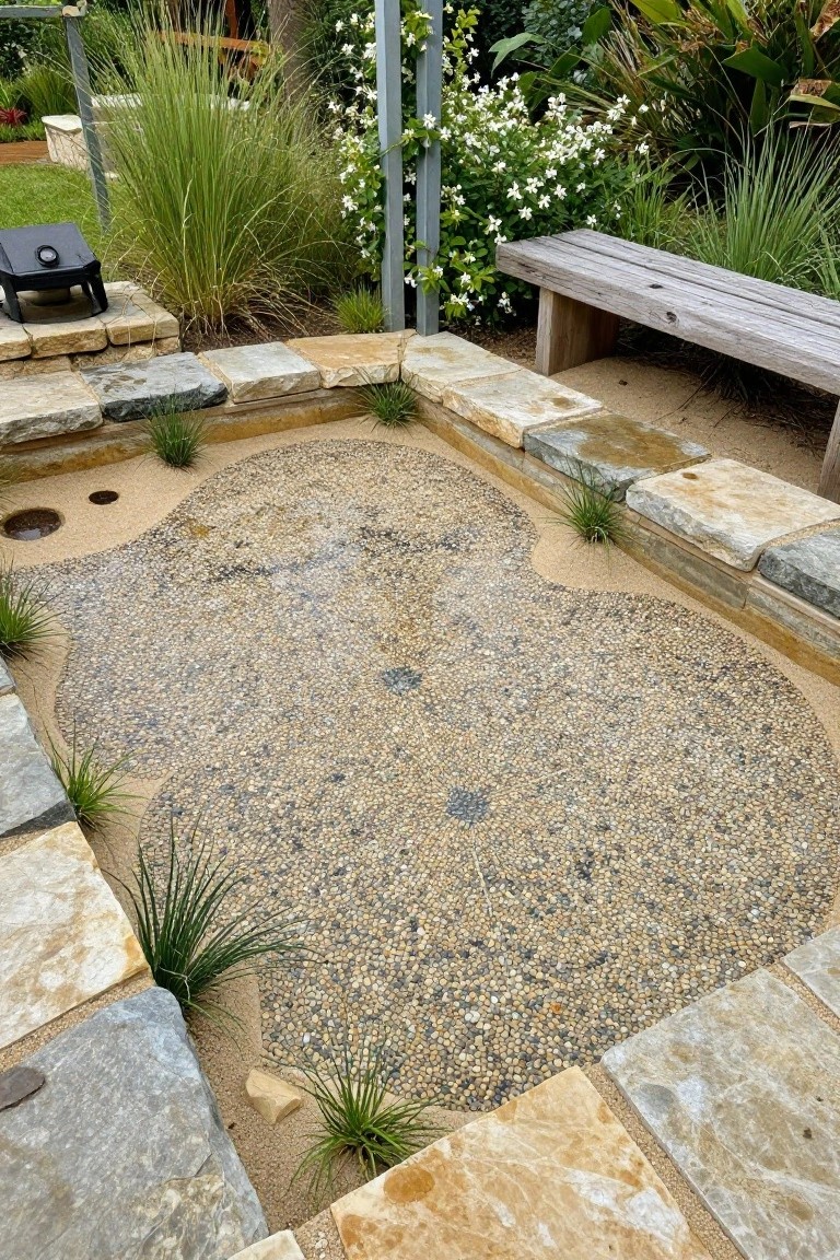 Overhead view of a shallow, irregularly shaped outdoor pool with a pebble bottom under shallow water, edged by dry-stacked stone walls and surrounded by ornamental grasses and a wooden bench.