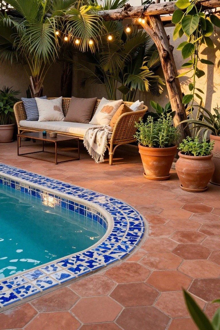Outdoor pool deck with hexagonal terracotta tiles, blue patterned ceramic tiles on the pool edge, rattan loveseat with pillows and throw, wooden coffee table, potted herbs, and string lights under a wooden pergola structure surrounded by palms.