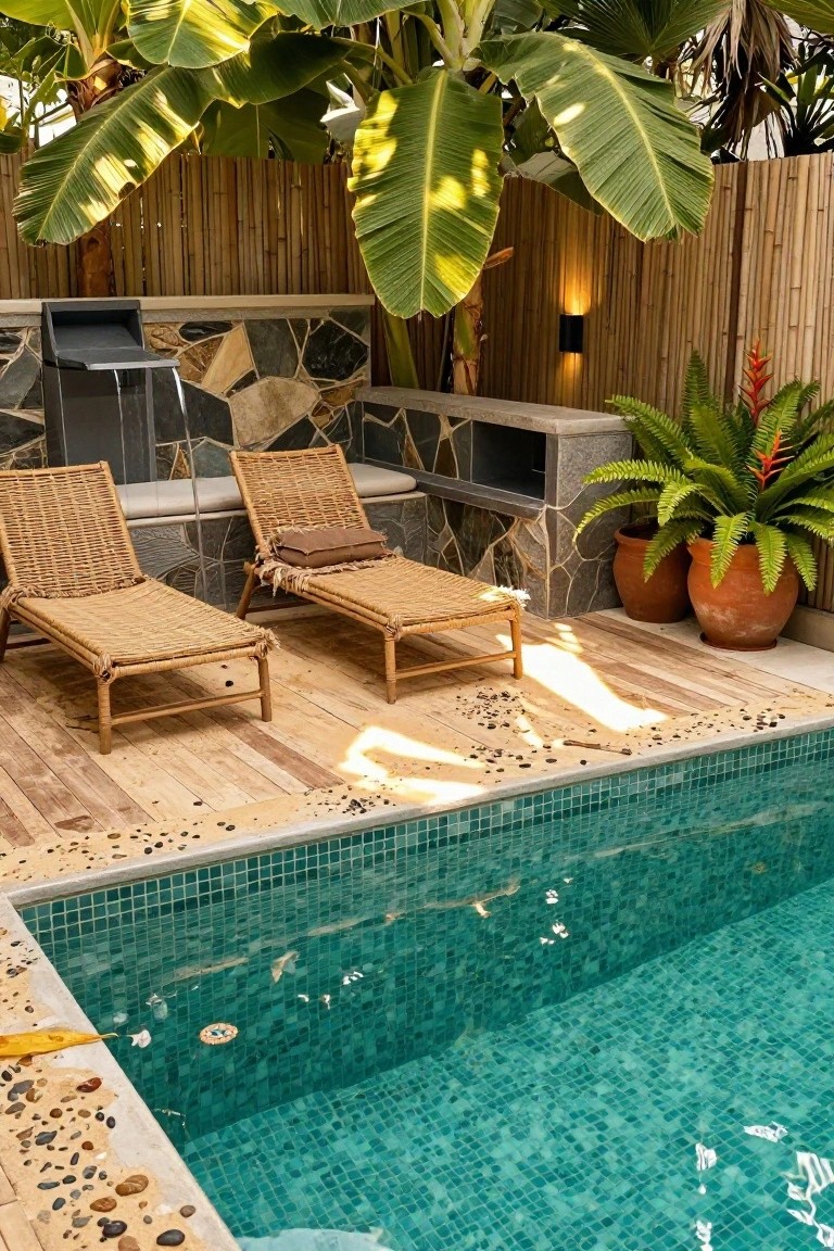 Turquoise mosaic-tiled pool with pebble border and wooden deck featuring rattan loungers, tropical plants, water feature, and bamboo fence.